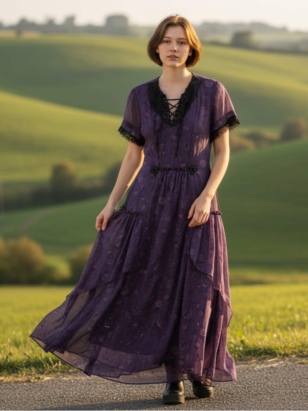 COACH Tiered Floral Gothic Prairie Maxi Dress Purple M